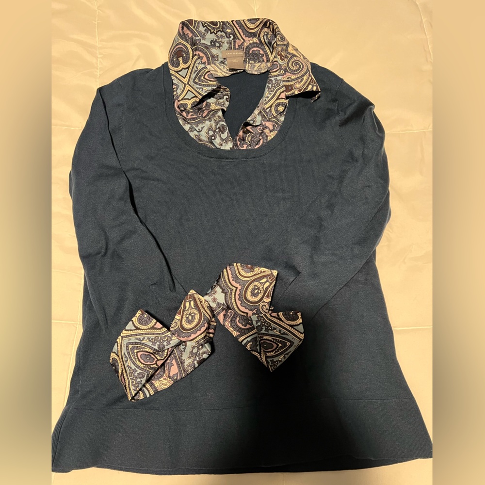 Ann Taylor dark teal green sweater with paisley trim 3/4 sleeves